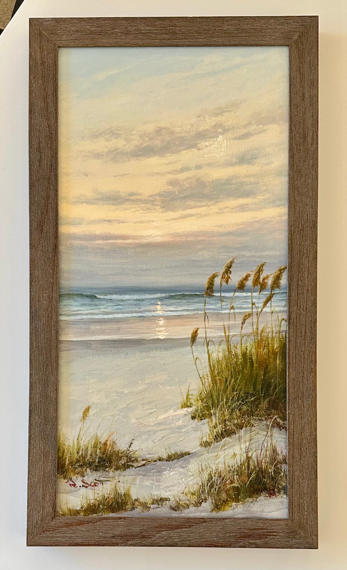 Coastal Beach Dune Sunset Oil Painting by R. Scott (framed)