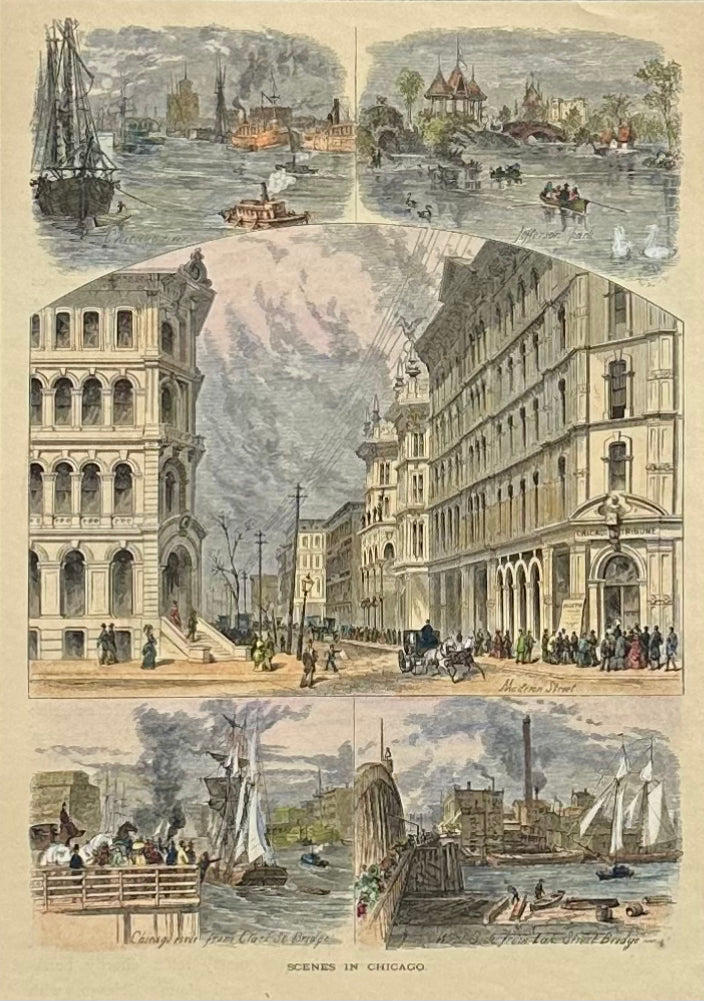 Scenes of Chicago (Madison Street, and the Clark Street/Lake Street bridge), Original Print, 1874