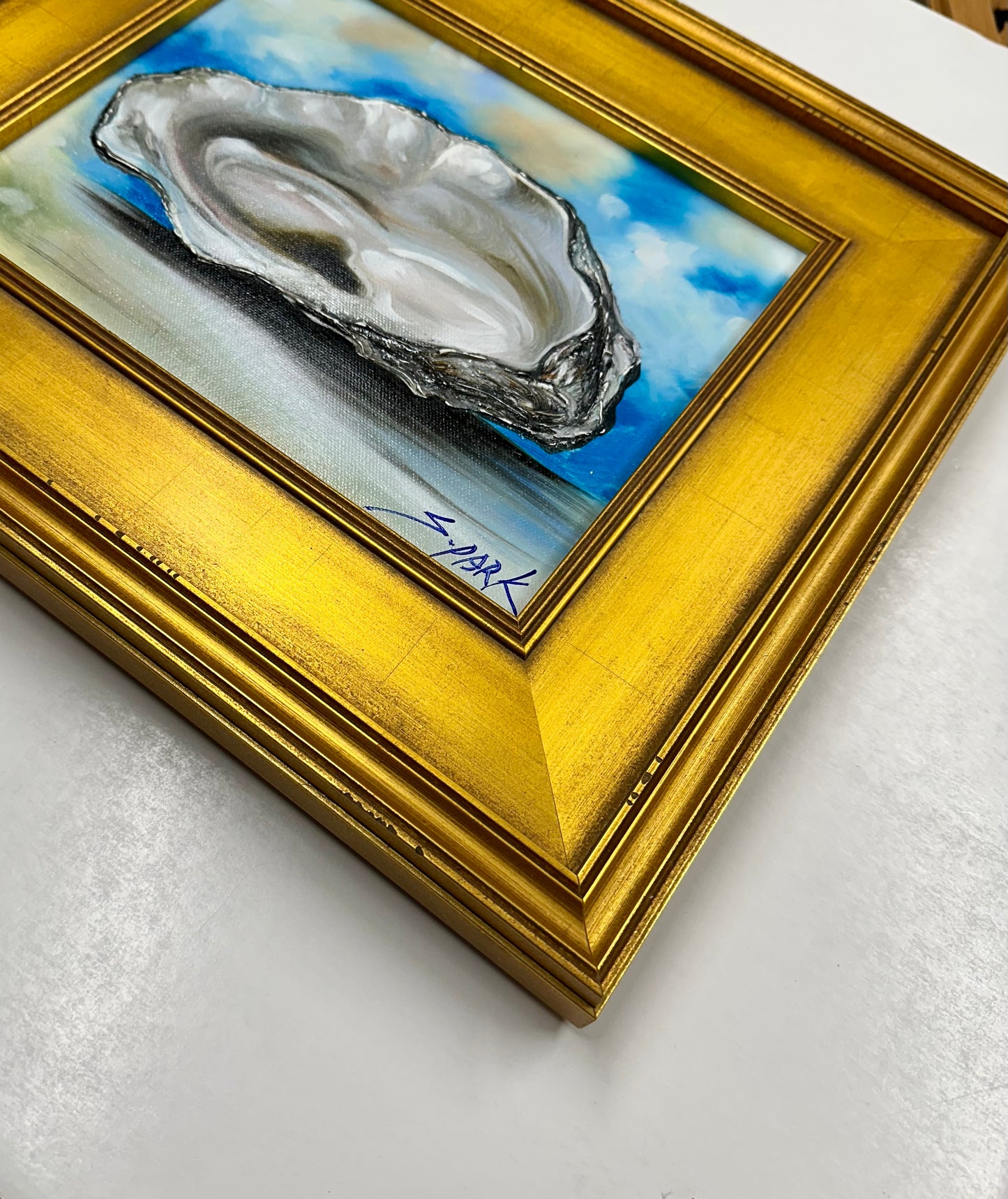 Contemporary Coastal Oyster Painting, Antiqued Gold Frame