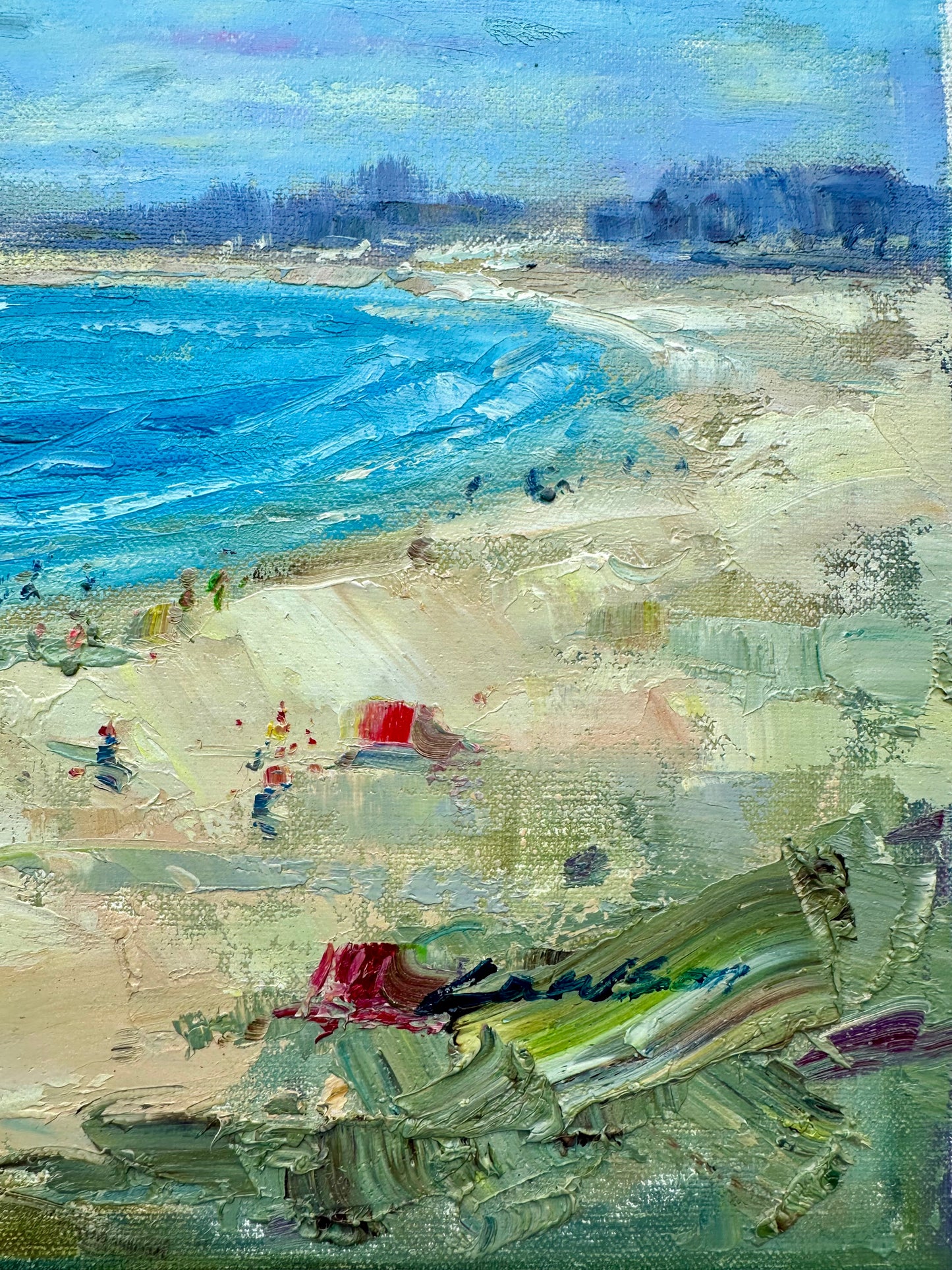 Beach Coastal Scene Sailboats Oil Painting on Canvas, Unstretched, by Lambdom