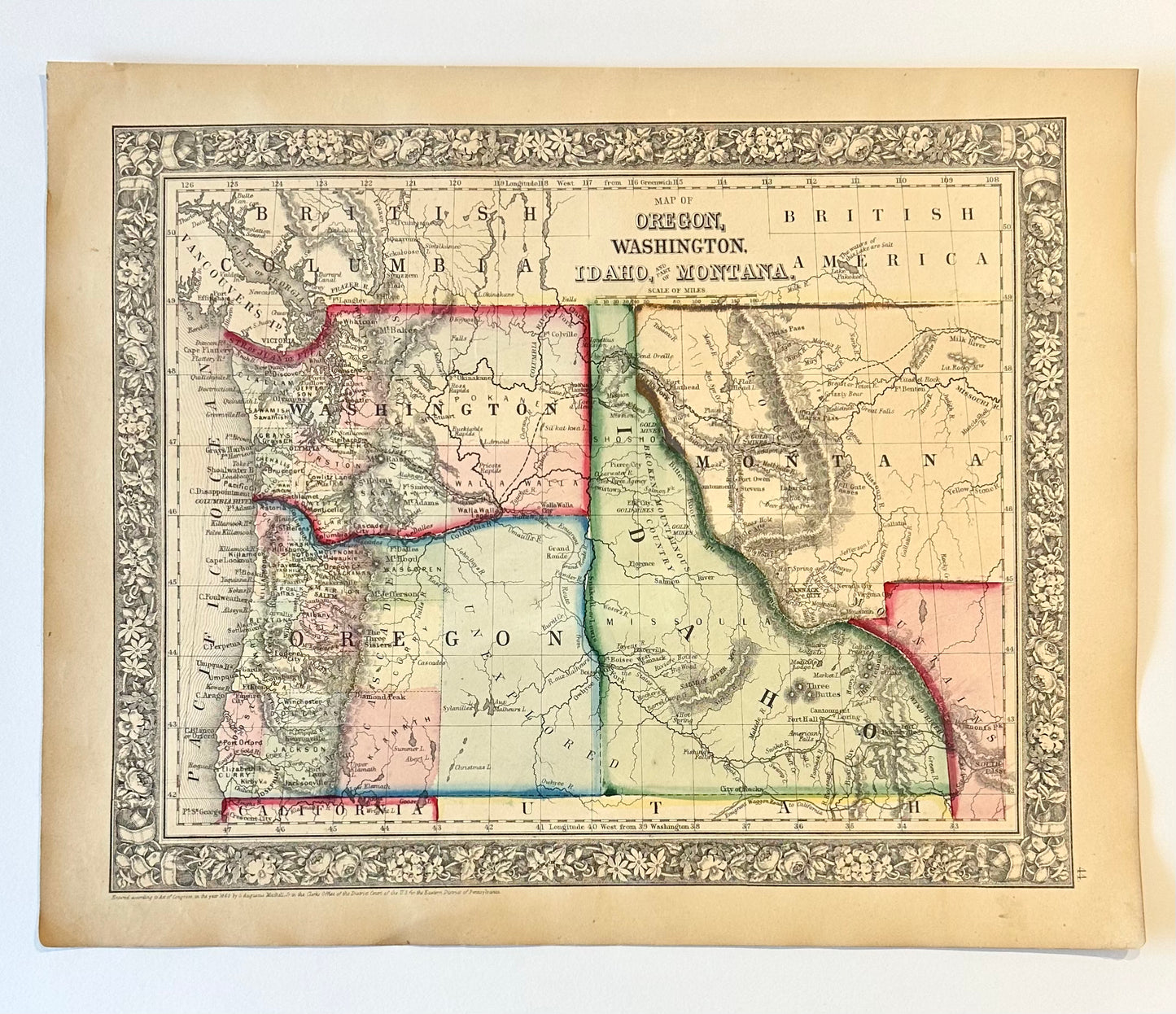 Oregon, Washington, Idaho & Montana Original Engraving by Samuel Mitchell, 1863