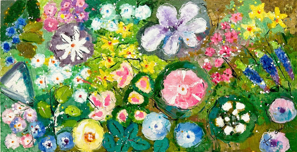 Vibrant Abstract Floral Garden Unstretched Painting on Canvas by Youn Cho | Original 12" x 24"