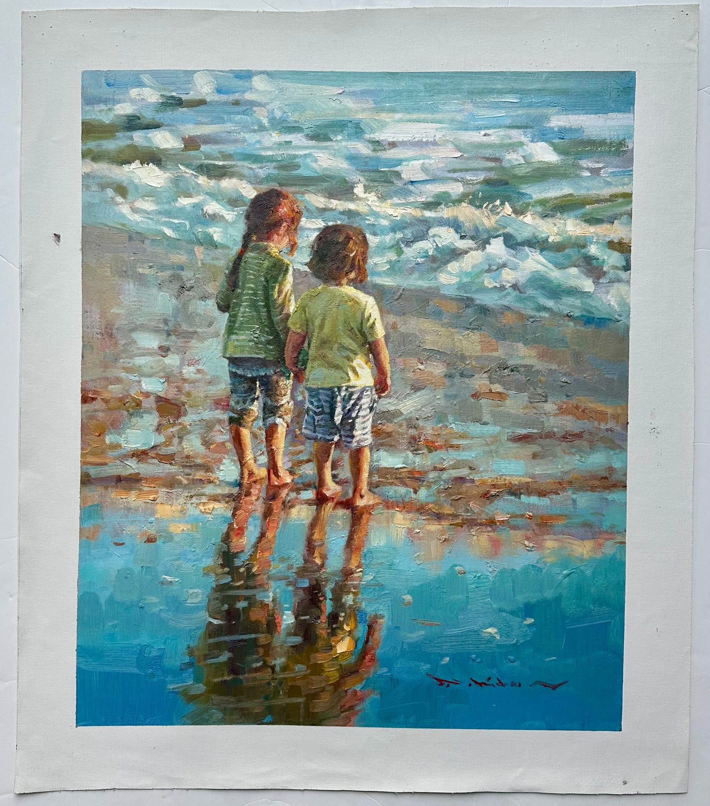 Children at the Seashore" Original Oil Painting - Contemporary Impressionist Beach Scene, unstretched