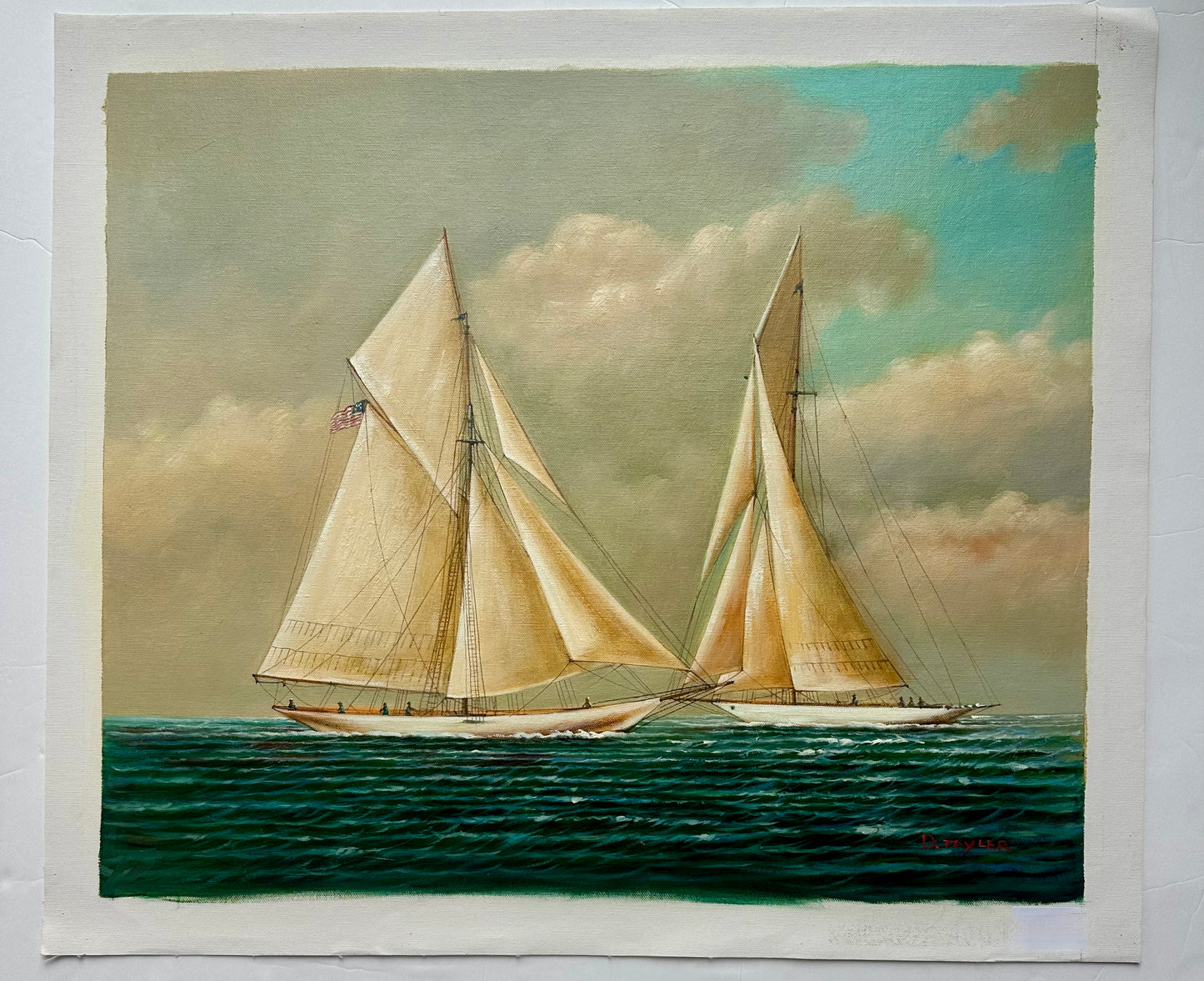 Schooner Yacht Racing Sailing Seascape Oil Painting on Canvas, Unstretched, by D. Tayler