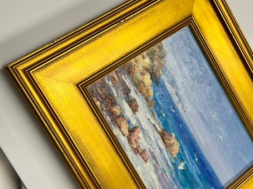 Modern Coastal Original Oil Painting, gold antiqued frame