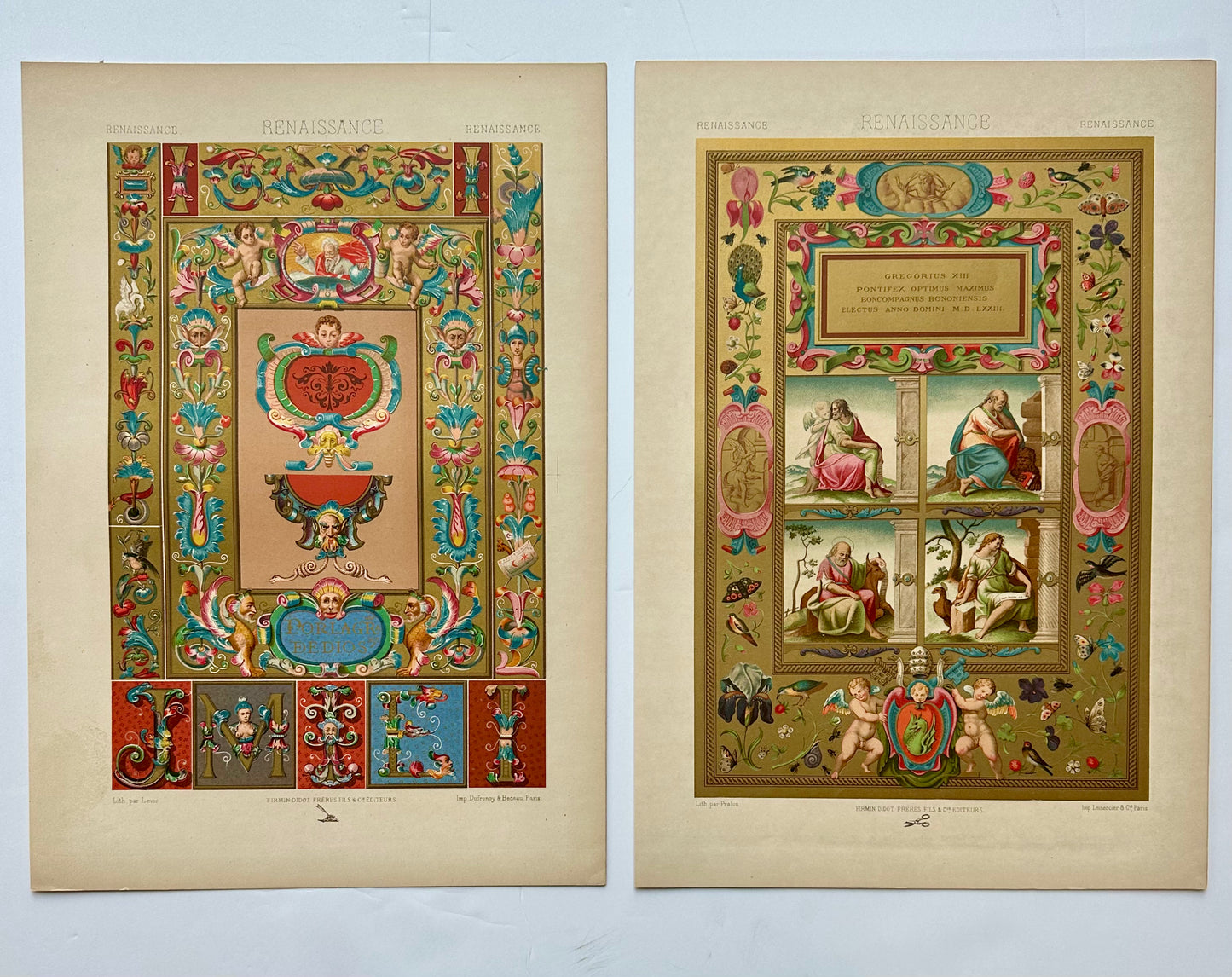 Antique Renaissance Illuminated Chromolithograph Prints, — Set of 2, 1869