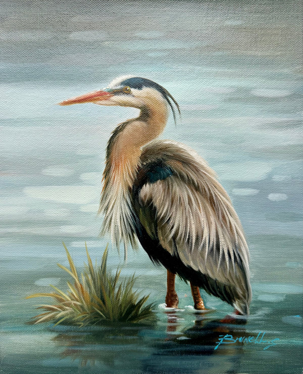Blue Heron Coastal Original oil on canvas, Unstretched by Brunehylis