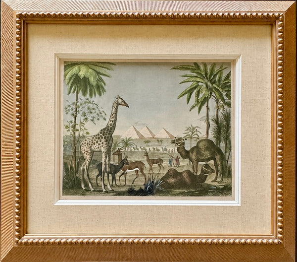 African Safari with Giraffe, Camel & Giza Pyramids – Antique Engraving by Johann Georg Heck, 1852, Custom Framed