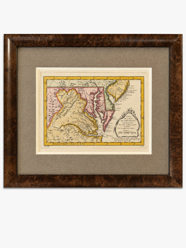 Original 1757 Hand-Colored Chesapeake Bay Map by Jacques-Nicolas Bellin | Copper Engraving | Custom Framed