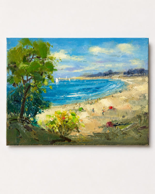 Beach Coastal Scene Sailboats Oil Painting on Canvas by Lambdom