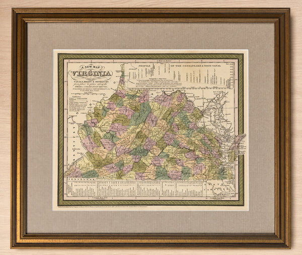 1851 Map of Virginia by Thomas Cowperthwait — Original Hand-Colored Steel Engraving, Custom Framed