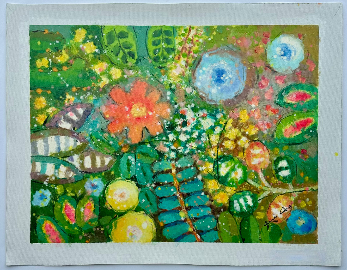 Vibrant Abstract Floral Painting on Canvas, Unstretched, by Youn Cho