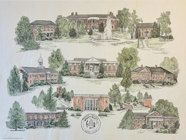 Radford University Virginia Campus Print by Liz Bryant – Hand-Colored Architectural Illustration, 24” x 18”