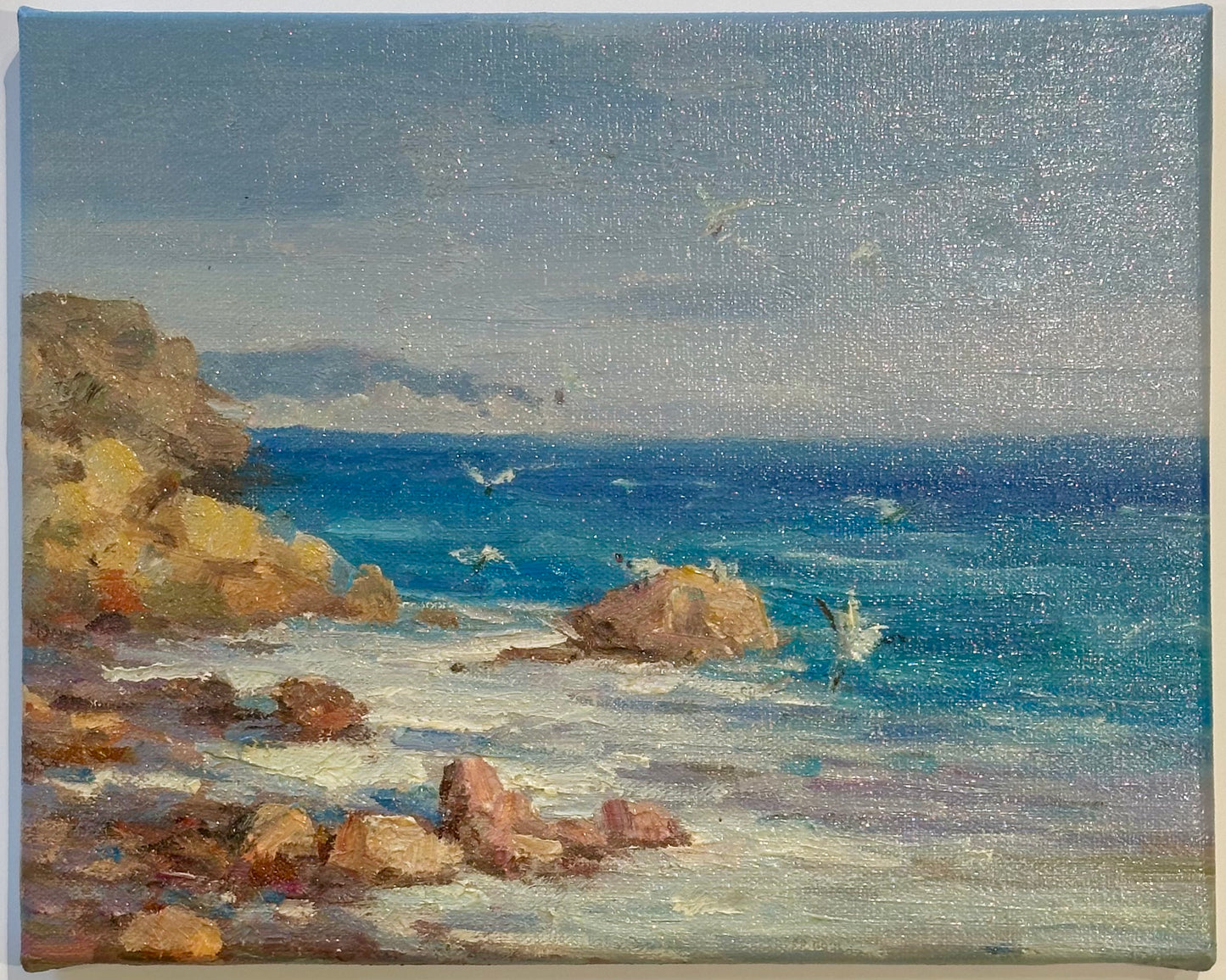 Modern Coastal Original Oil Painting, gold antiqued frame