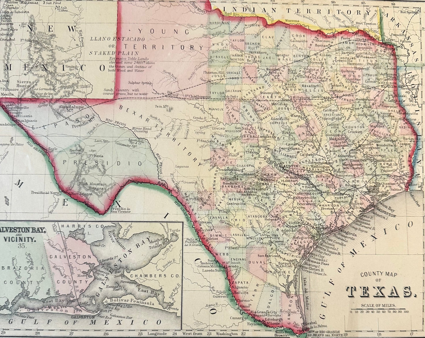 Texas & Galveston Bay Original Engraving by Samuel Mitchell, 1863