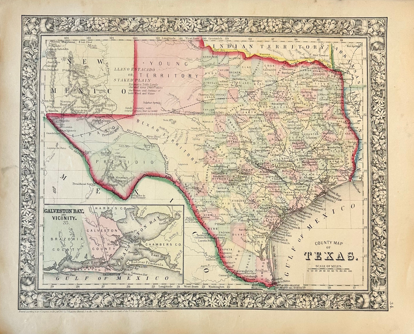 Texas & Galveston Bay Original Engraving by Samuel Mitchell, 1863