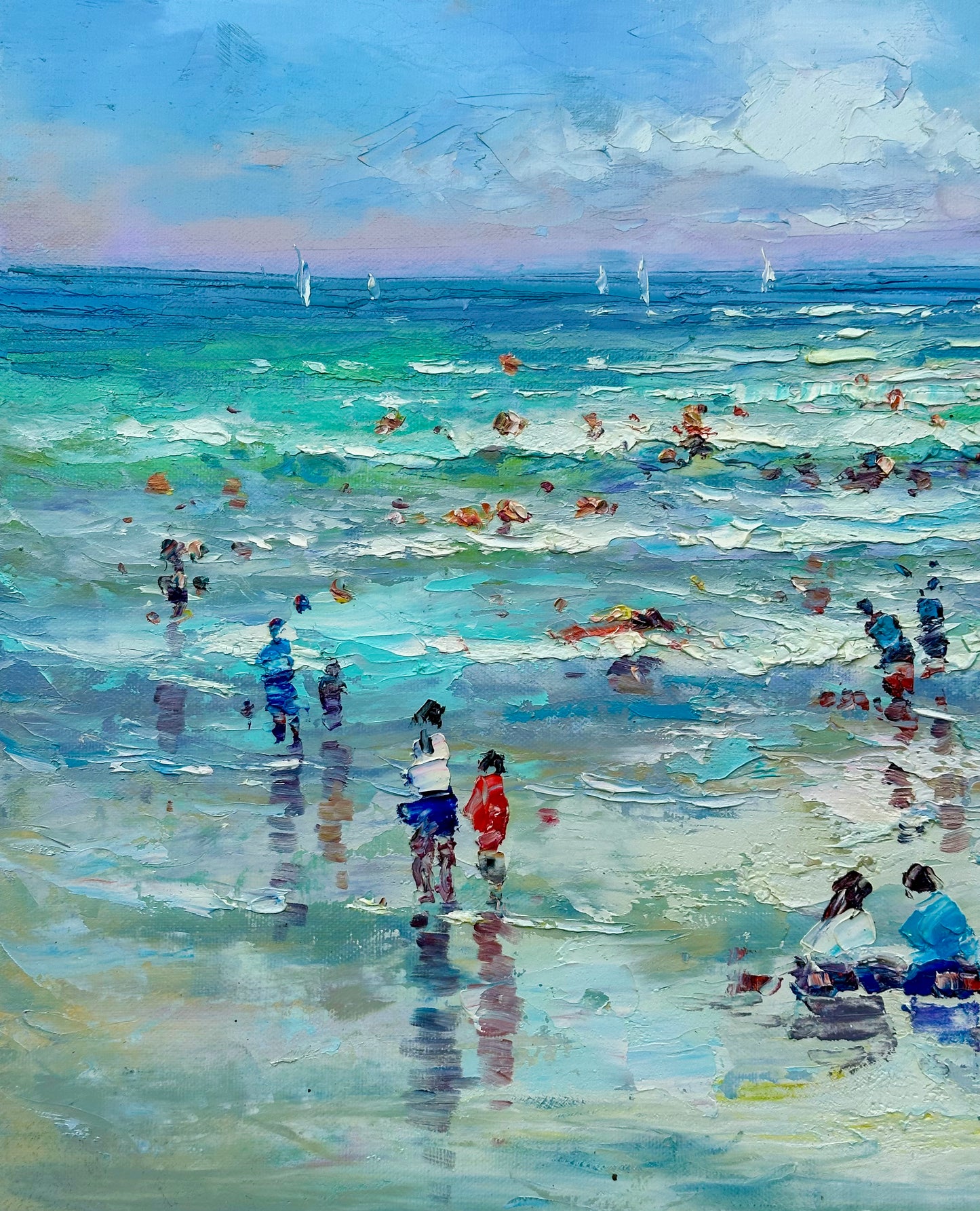 Modern Coastal Beach Seascape Sunset Oil Painting on Canvas, Unstretched, by J. Morgan