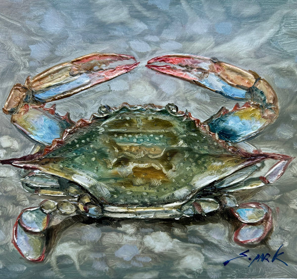 Blue Crab Painting – Textured Coastal Still Life, unstretched, by S. Park
