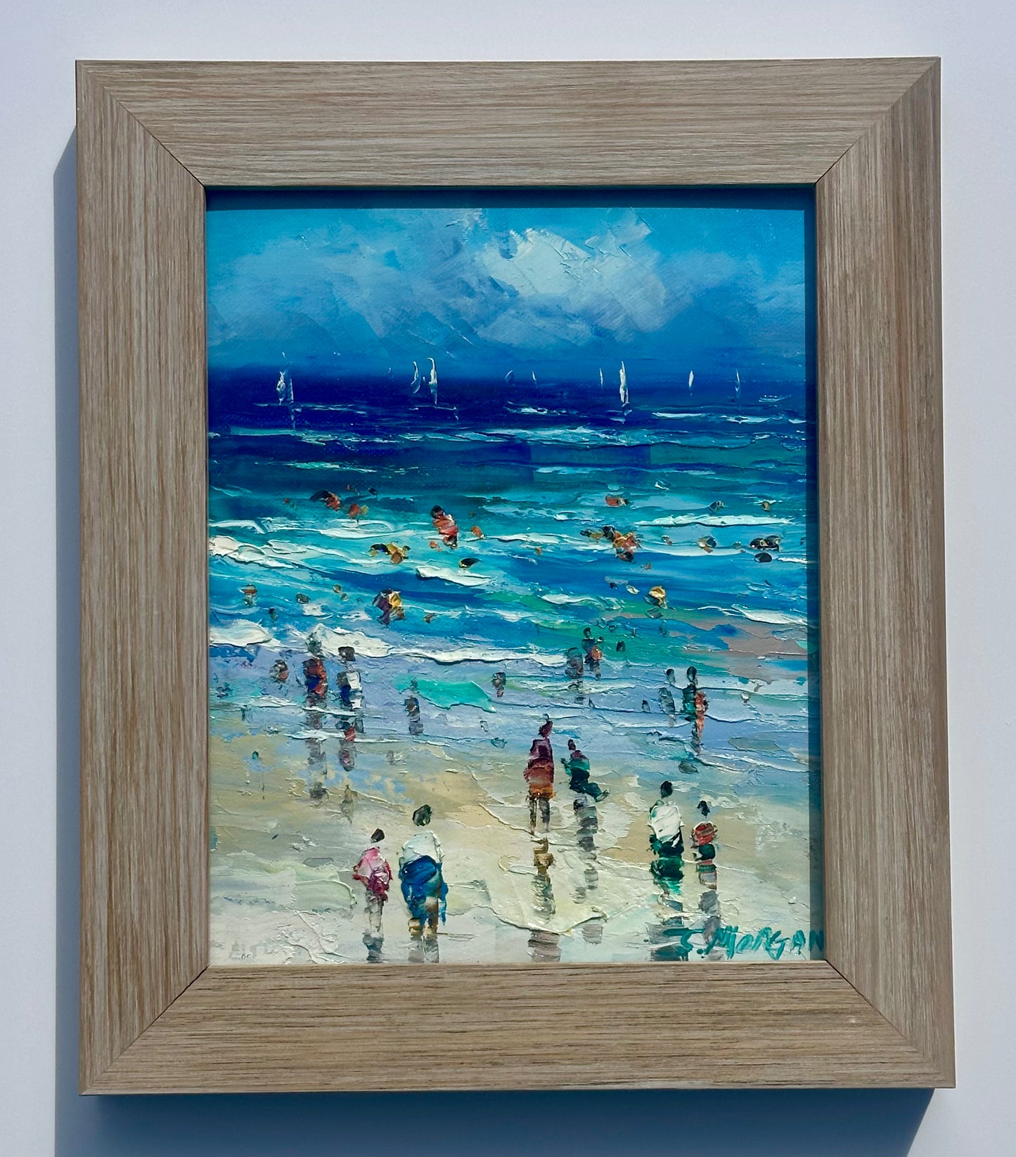 Contemporary Coastal Beach Seascape Oil Painting in Driftwood Frame