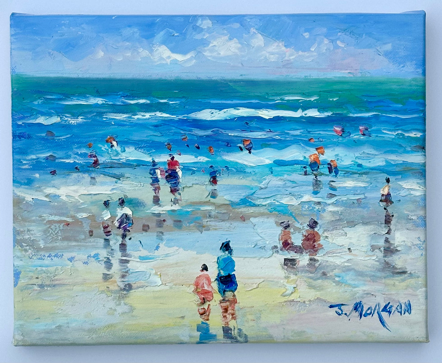 Contemporary Coastal Beach Scene Oil Painting by J. Morgan, Framed