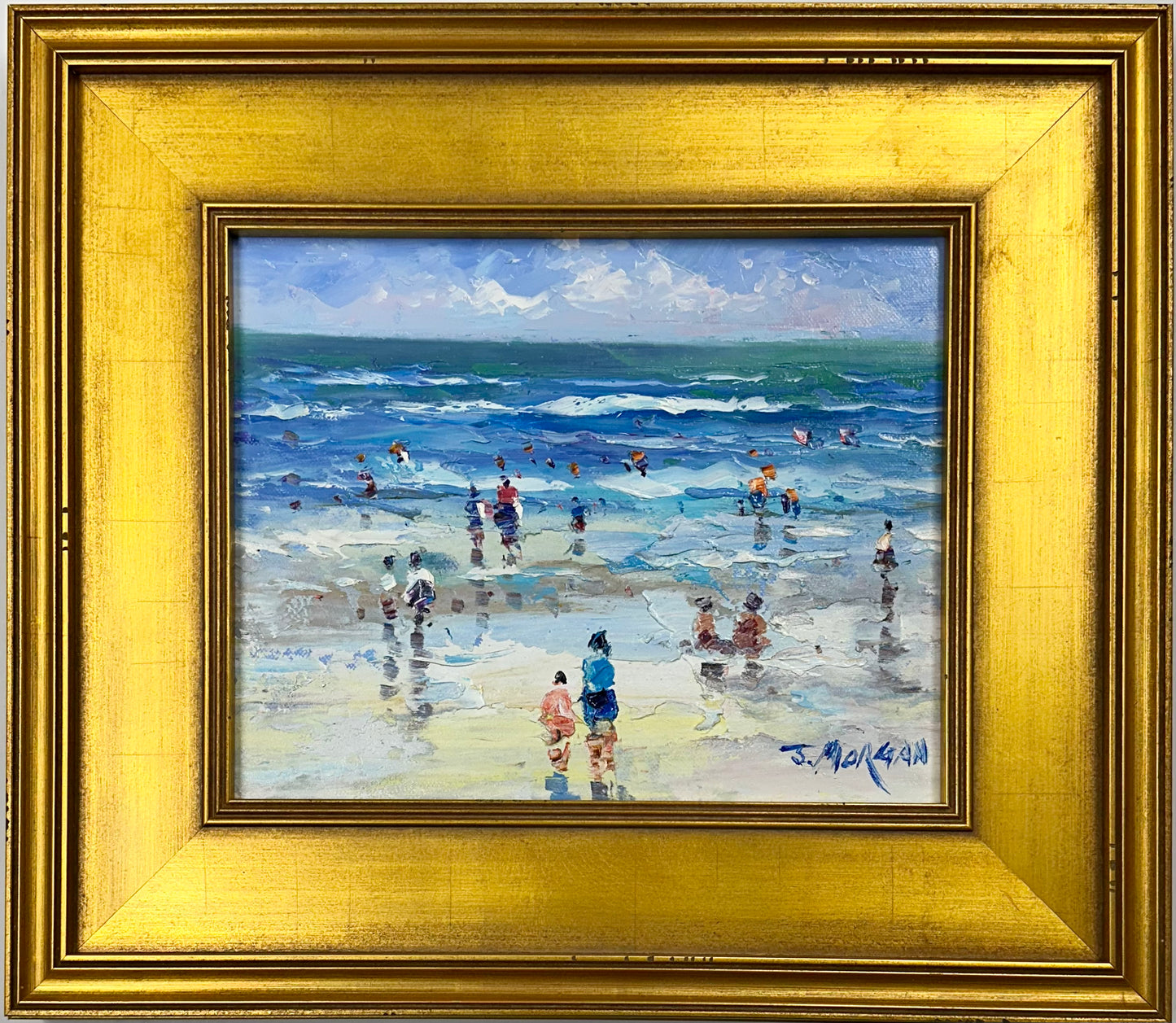 Contemporary Coastal Beach Scene Oil Painting by J. Morgan, Framed