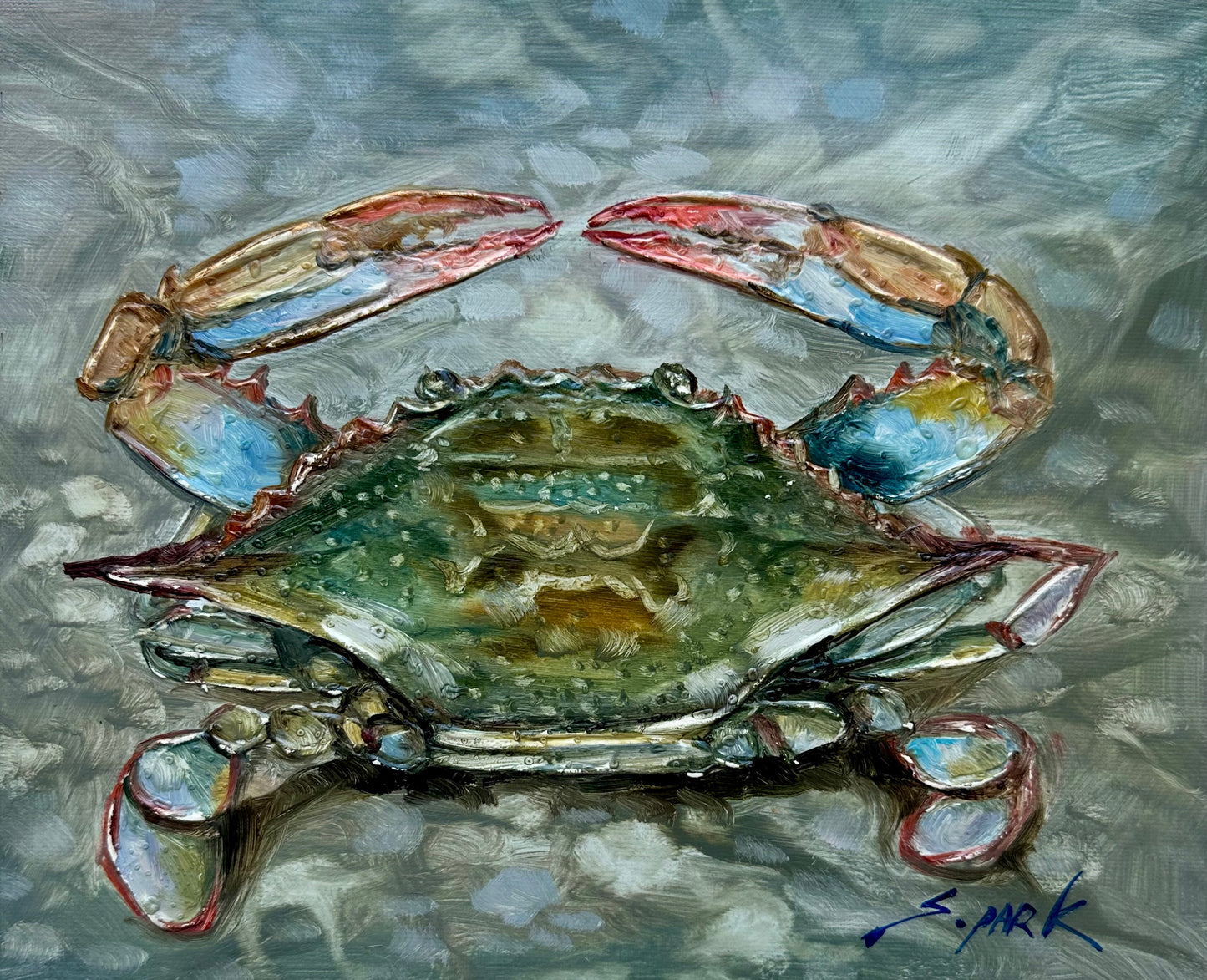 Blue Crab Painting – Textured Coastal Still Life, unstretched, by S. Park