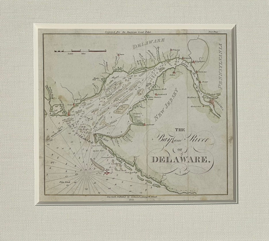 Coastal Chart: Bay & River of Delaware by Edmund Blunt, 1833 (framed)