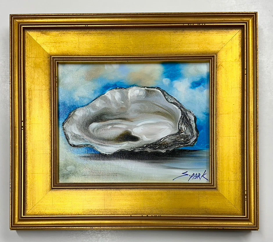 Contemporary Coastal Oyster Painting, Antiqued Gold Frame