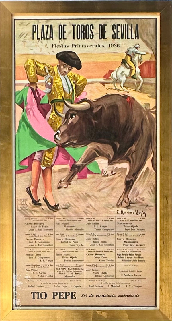 1986 Plaza De Toros De Sevilla Bullfight Poster – Fiestas Primaverales, Tío Pepe Advertisement – Framed