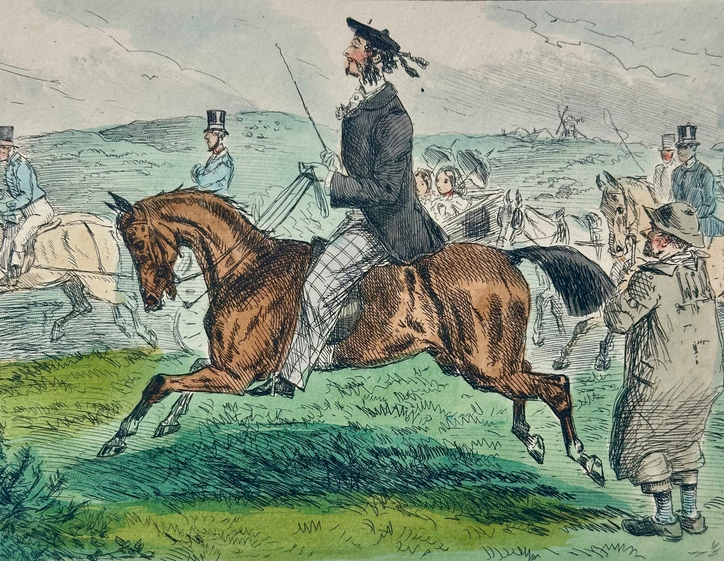 19th Century Hand-Colored English Equestrian Hunting Scene Engraving – “Mr. Bunting on his way to the…” (Fox Hunt Print)