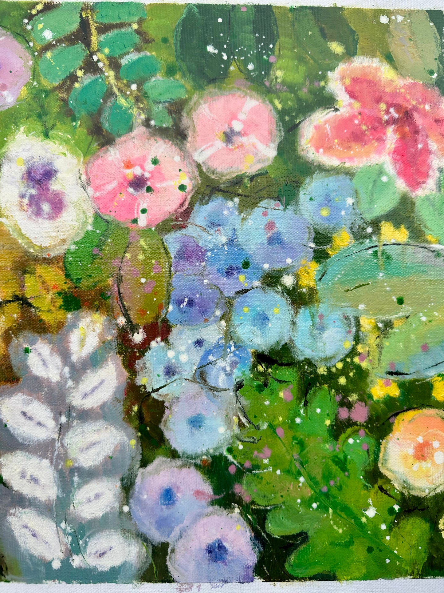 Vibrant Abstract Floral Painting on Canvas, Unstretched, by Youn Cho