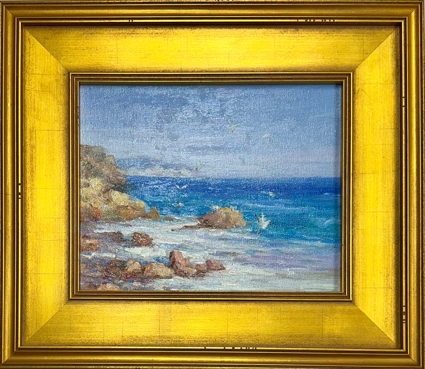 Modern Coastal Original Oil Painting, gold antiqued frame
