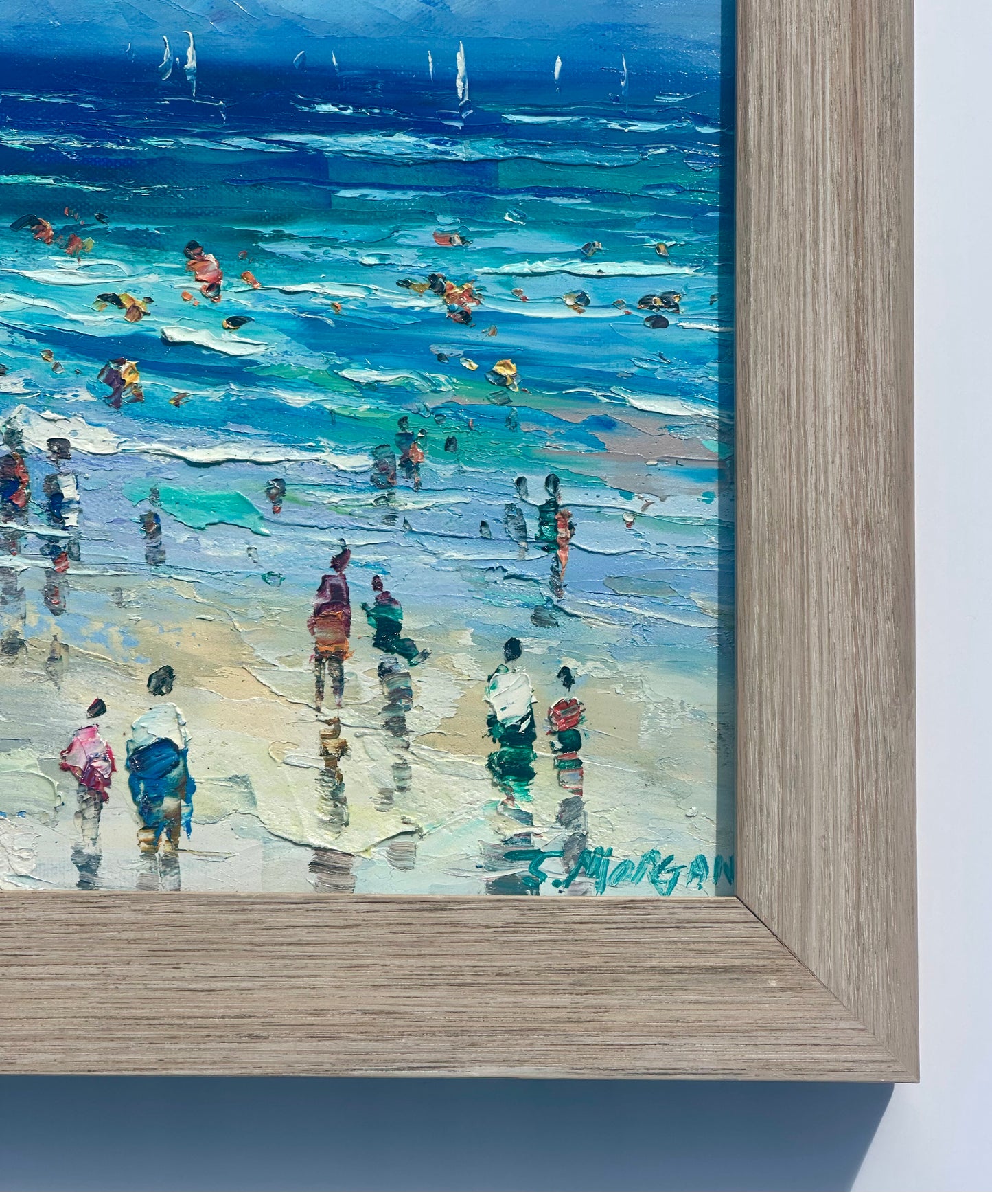 Contemporary Coastal Beach Seascape Oil Painting in Driftwood Frame