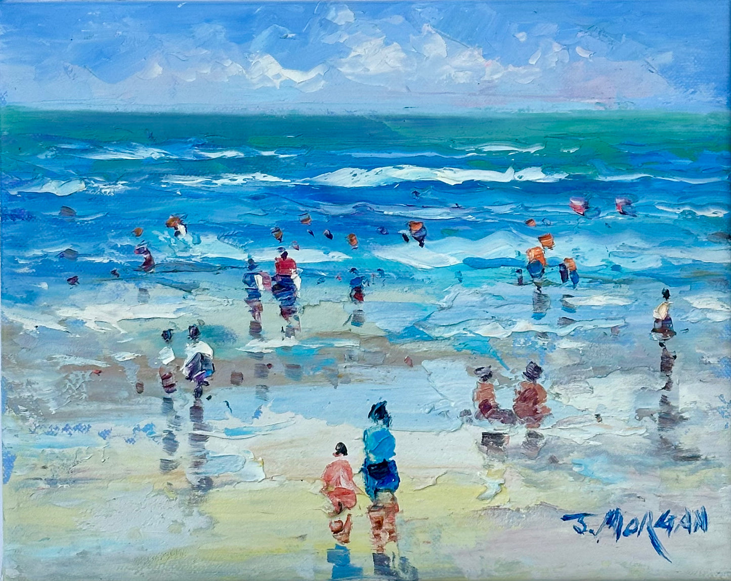 Contemporary Coastal Beach Scene Oil Painting by J. Morgan, Framed
