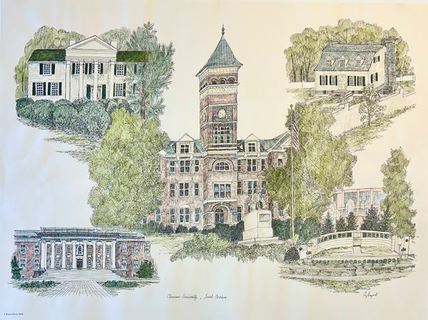 Clemson University Campus Print by Liz Bryant – Hand-Colored Architectural Illustration, 24” x 18”