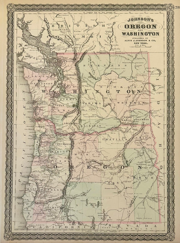 Oregon and Washington Original Map by Johnson, 1870