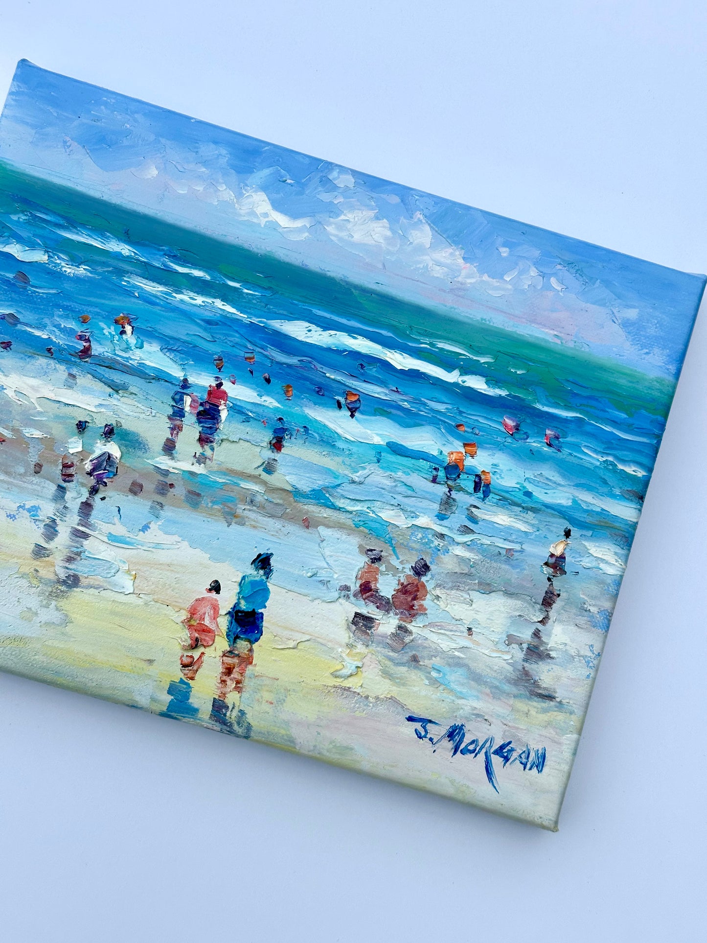Contemporary Coastal Beach Scene Oil Painting by J. Morgan, Framed