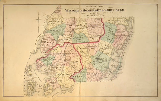 Maryland: Wicomico, Somerset & Worcester Counties Original Map, 1877