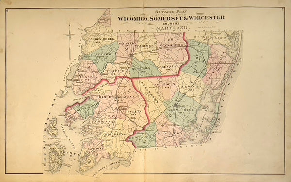 Maryland: Wicomico, Somerset & Worcester Counties Original Map, 1877