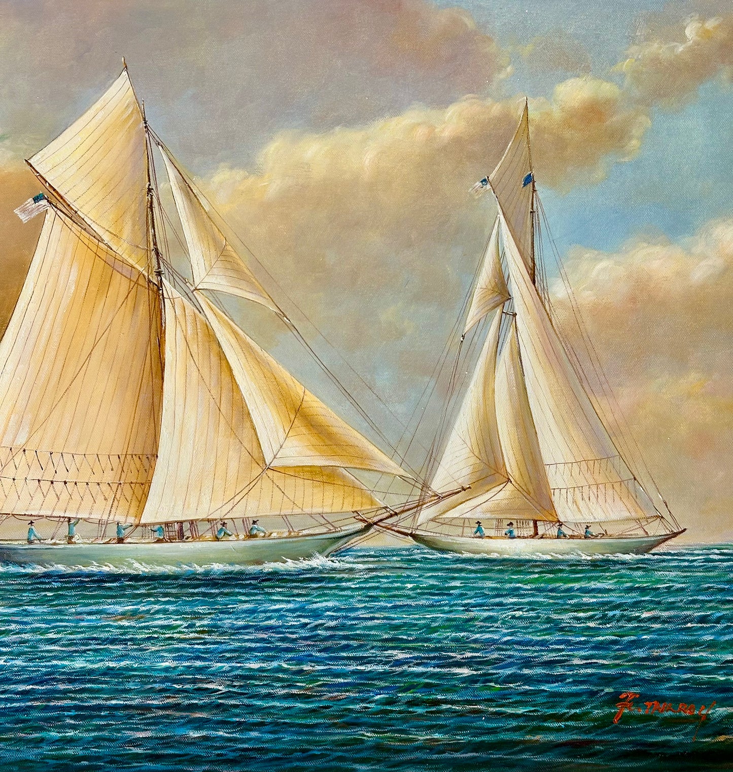 Original Nautical Oil Painting of Racing Schooners by F. Tailroy – Yacht Seascape – 20" x 24" Unstretched Canvas