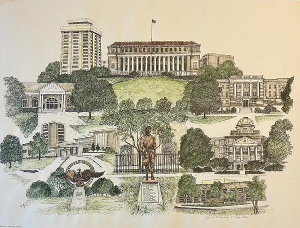 Texas A&M University Campus Print by Liz Bryant – Hand-Colored Architectural Illustration Campus Print by Liz Bryant – Hand-Colored Architectural Illustration