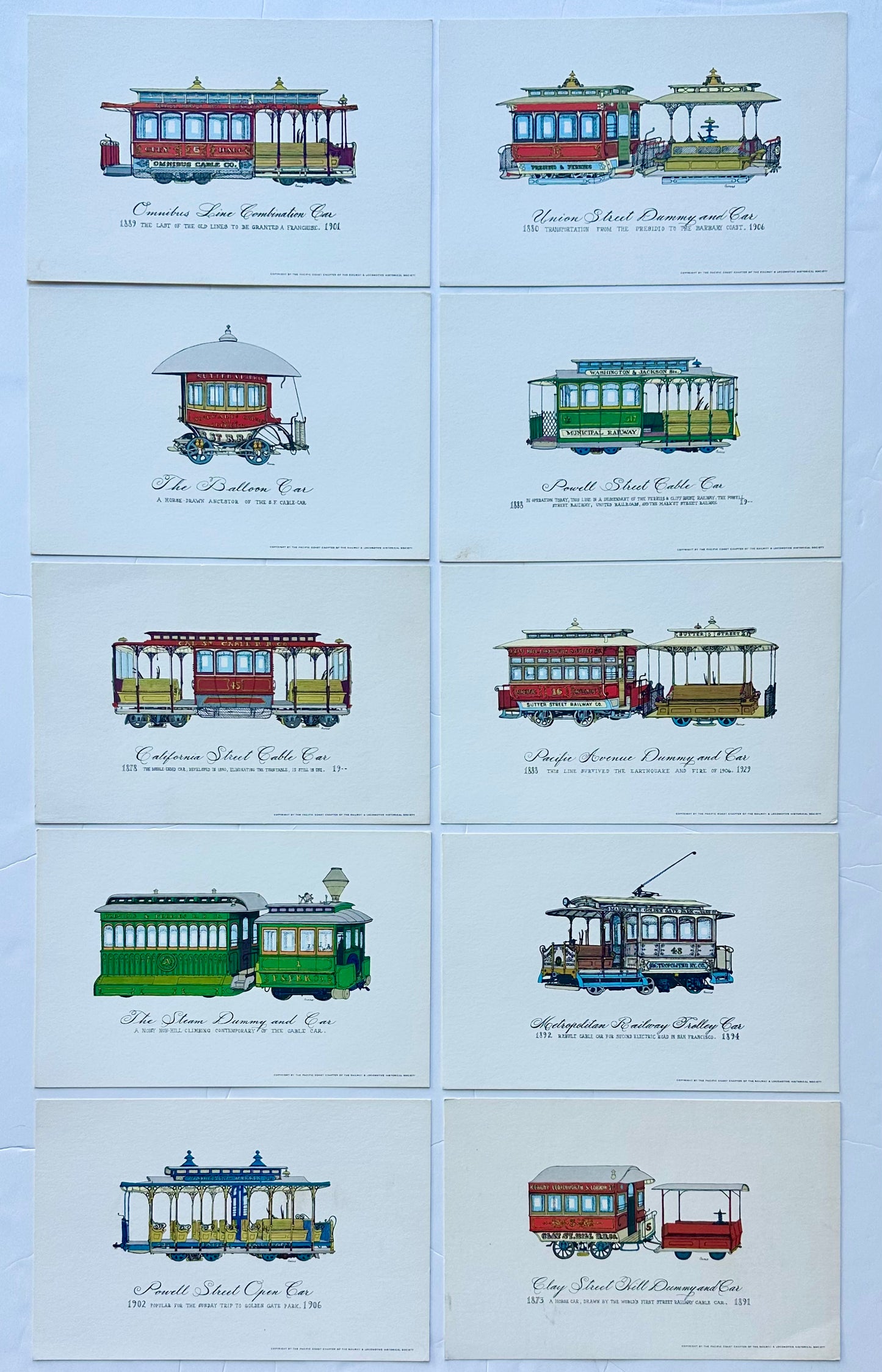 Set of 10 Vintage San Francisco Cable Car & Streetcar Lithograph Prints — Railway & Locomotive Historical Society