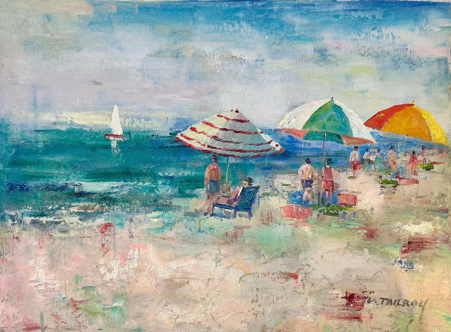 Beach Umbrella Scene, Original Oil on Canvas by Tailroy (framed)