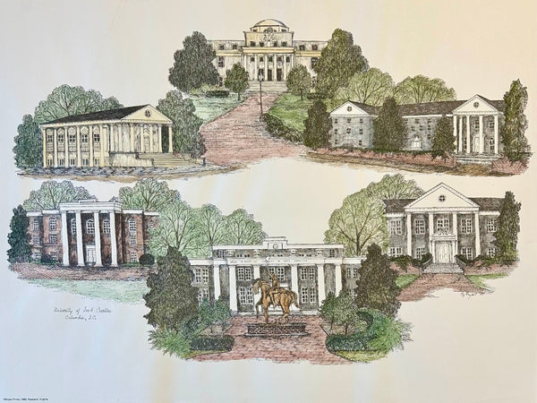 University of South Carolina Campus Print by Liz Bryant – Hand-Colored Architectural Illustration, 24” x 18”