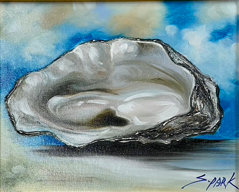 Contemporary Coastal Oyster Painting, Antiqued Gold Frame