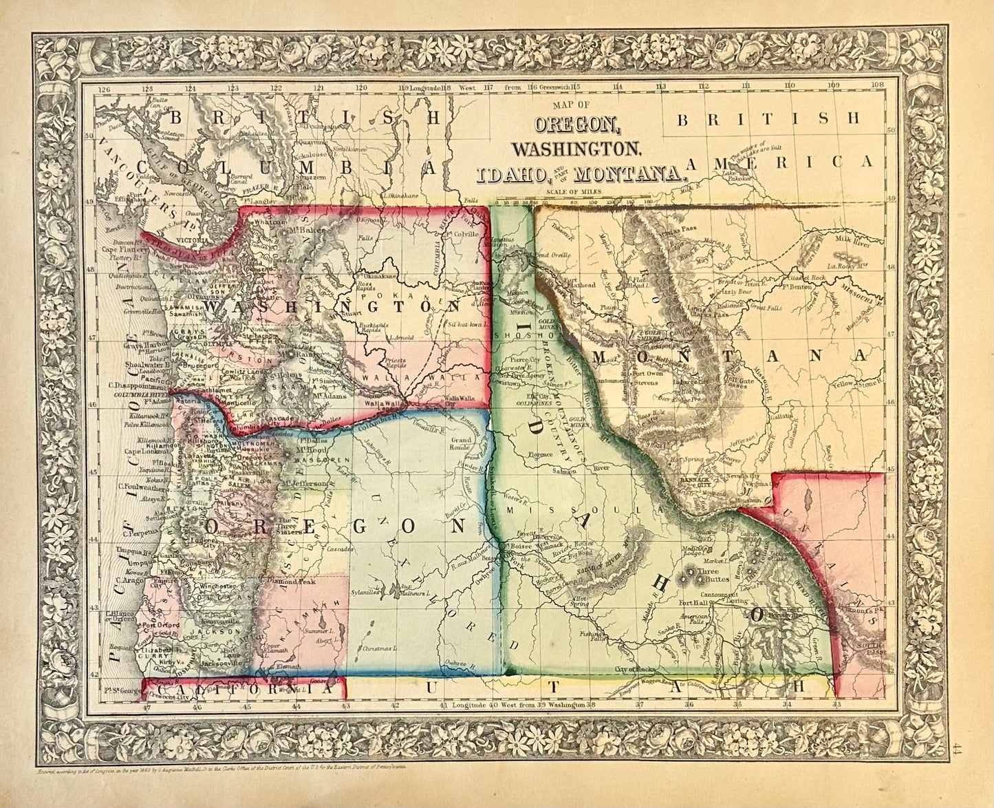 Oregon, Washington, Idaho & Montana Original Engraving by Samuel Mitchell, 1863