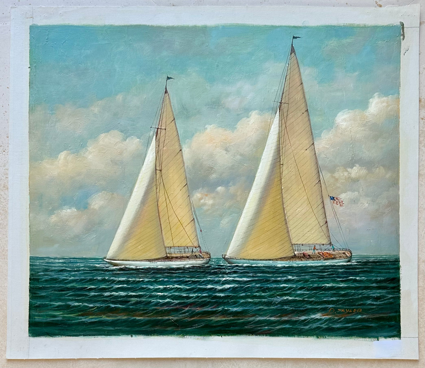 Yacht Racing Sailing Seascape Oil Painting on Canvas, Unstretched, by D. Tayler