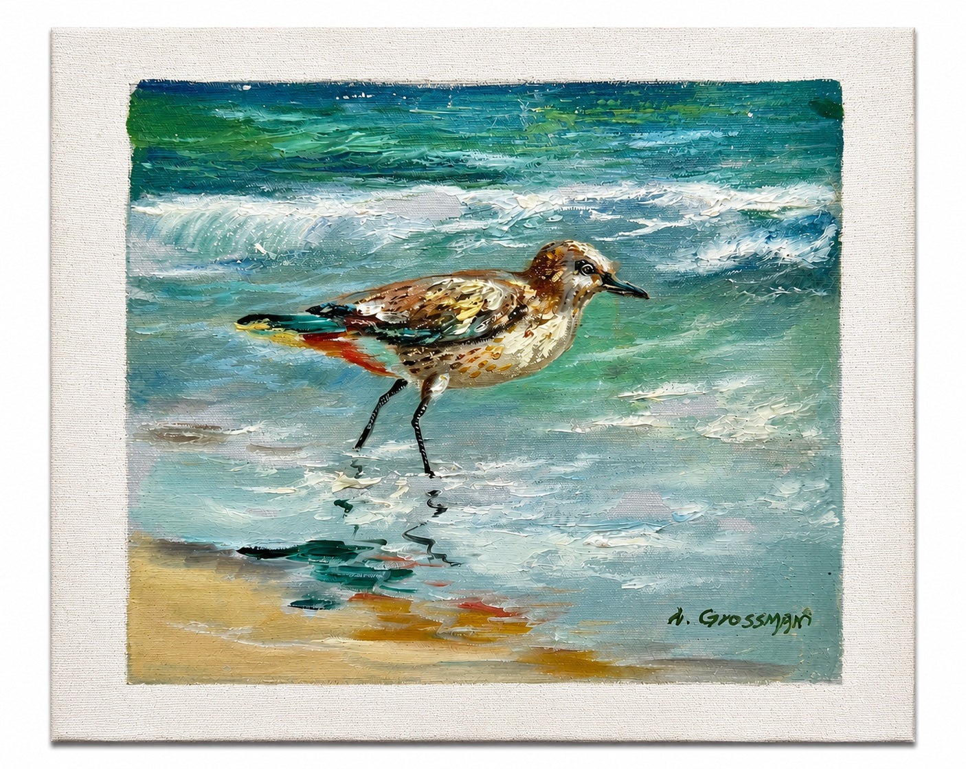 Coastal Sandpiper Oil Painting on Canvas by A. Grossman, 8 x 10"
