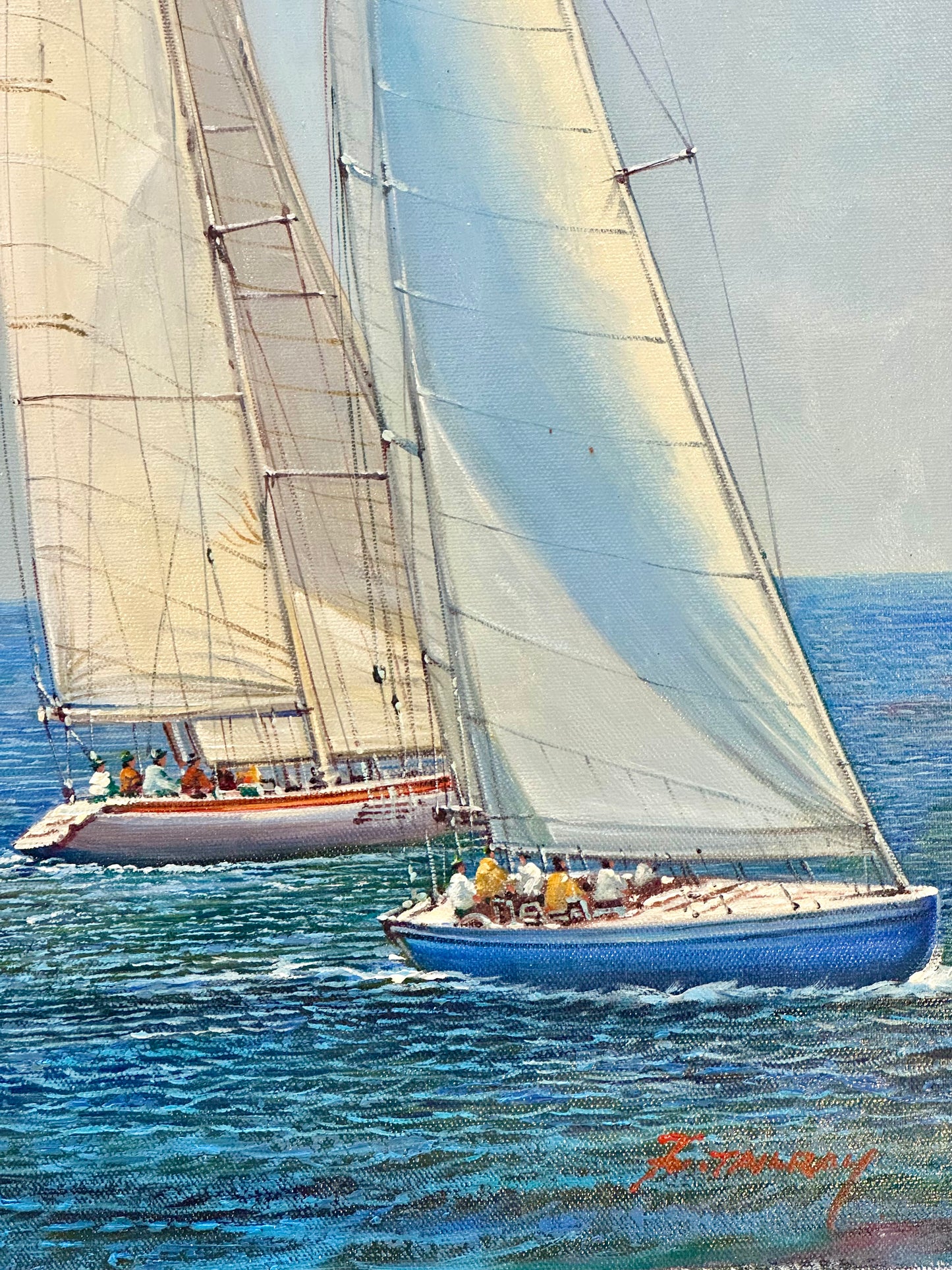 Sailboat Racing Nautical Yacht Scene – Original vertical painting by Tailroy, unstretched (12.5" x 25")