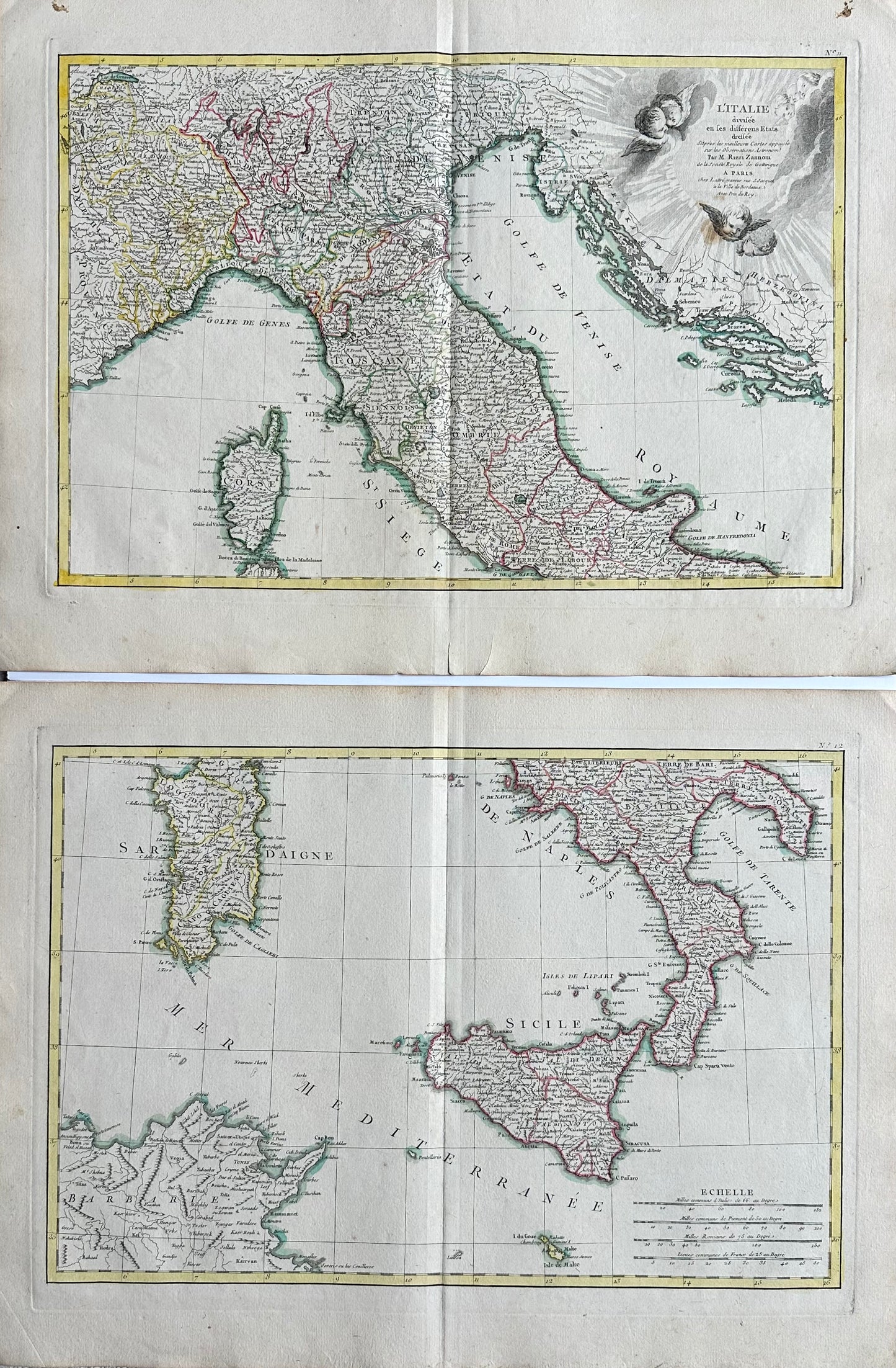 Northern & Southern Italy, Original double map by Lattre, 1762